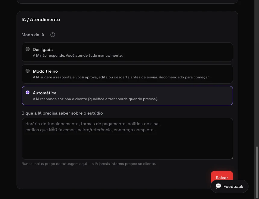 Configurações do painel: Modo da IA com as opções Desligada, Modo treino e Automática
