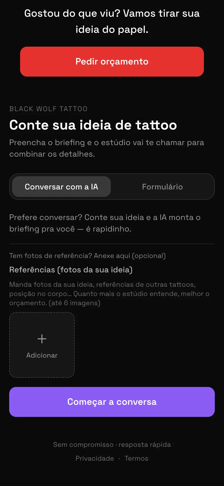 Página pública de briefing do Inktrait que o cliente preenche pelo link, sem cadastro.