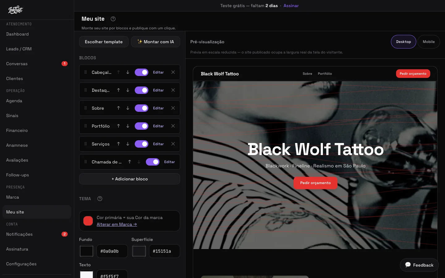 Editor do site builder do Inktrait, onde o tatuador monta sua galeria e a página pública sem código.